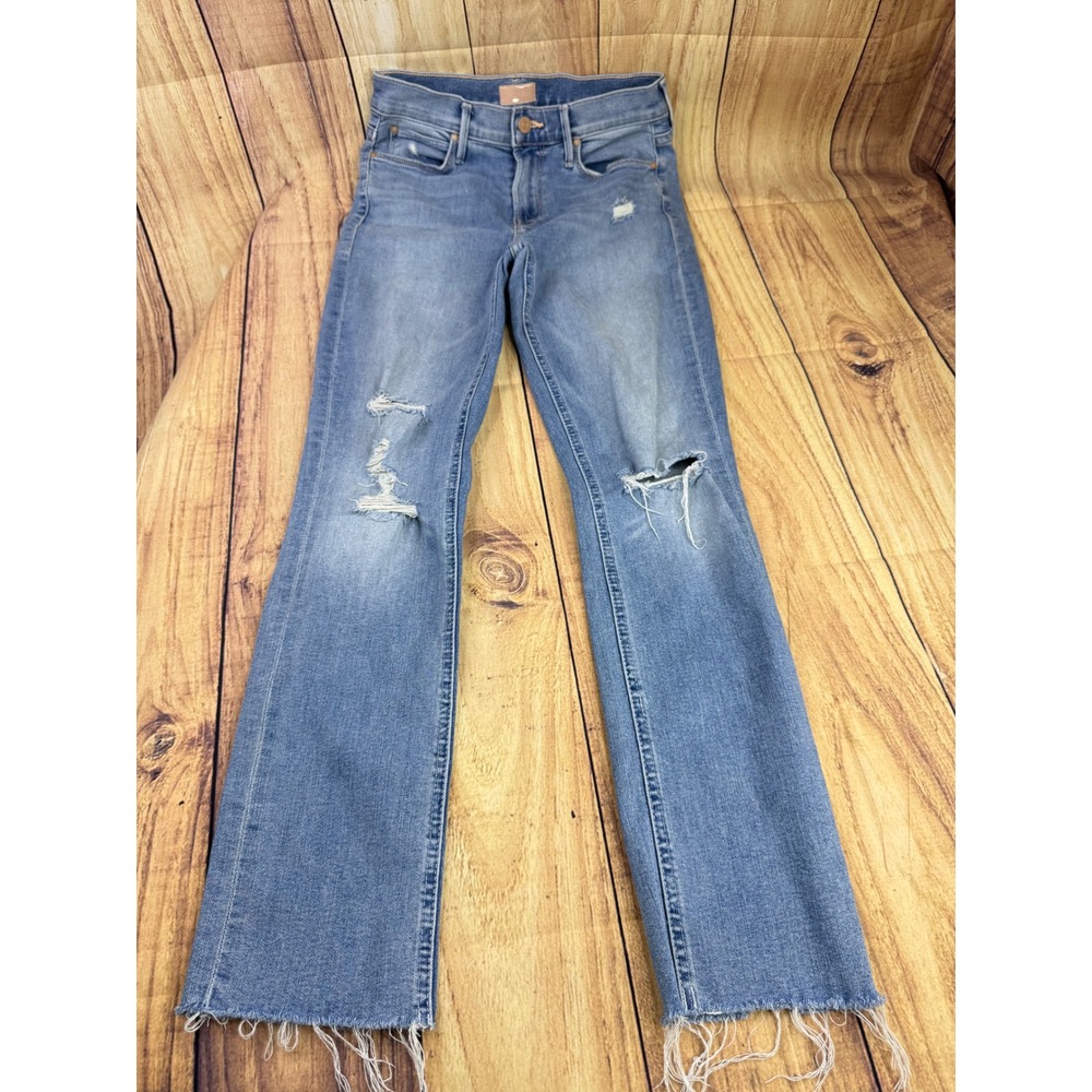 Mother Denim Distressed Straight Leg Jeans Light Wash Frayed Hem Distressed